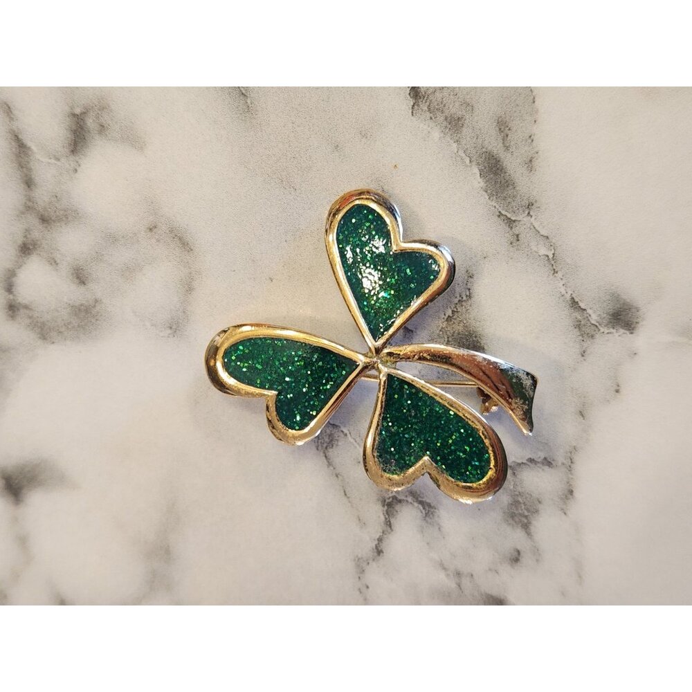 Vintage Gold-Tone Green Glitter Shamrock Clover Brooch Pin Hearts
